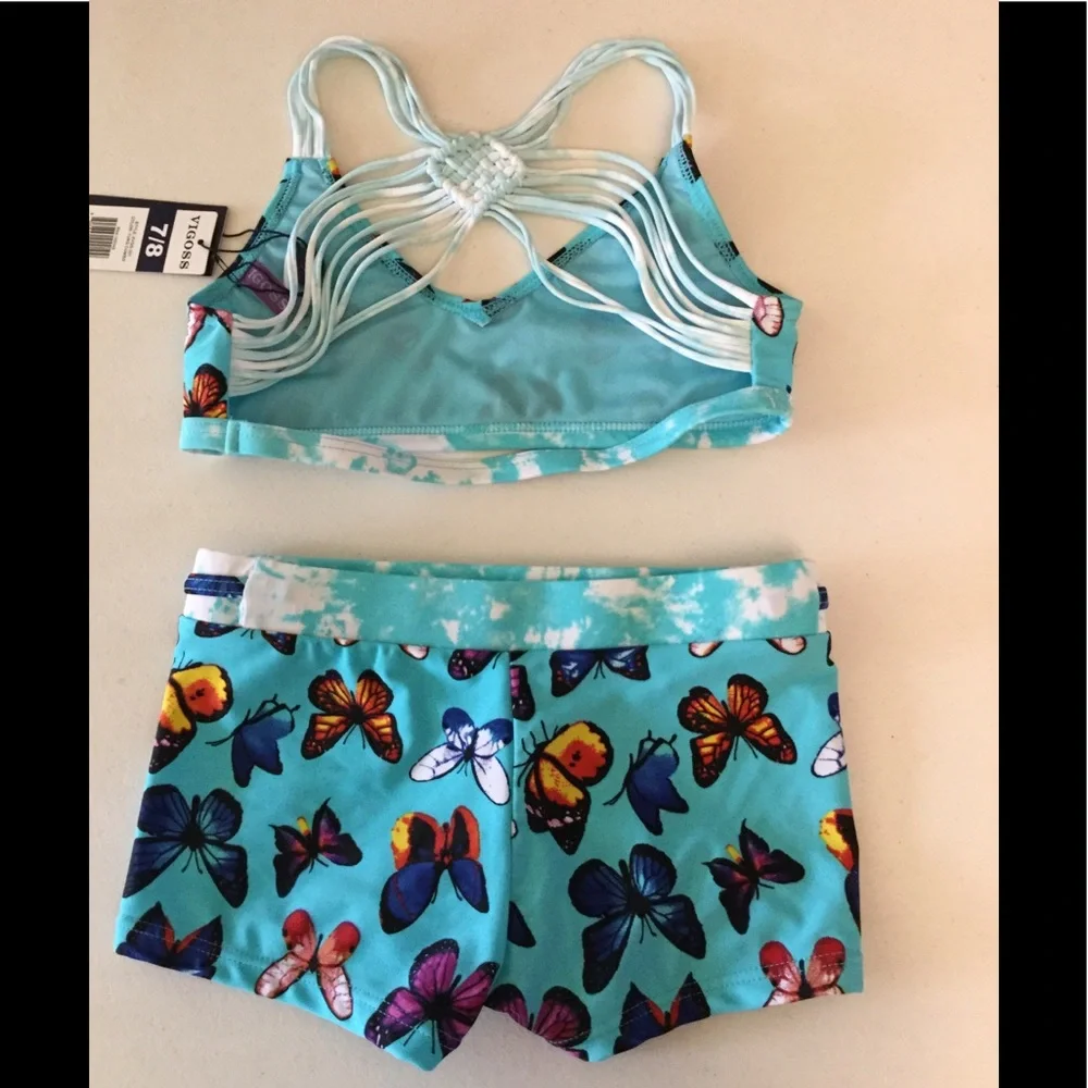 NWT Vigoss Girls 7/8 swimsuit brt turq butterflies